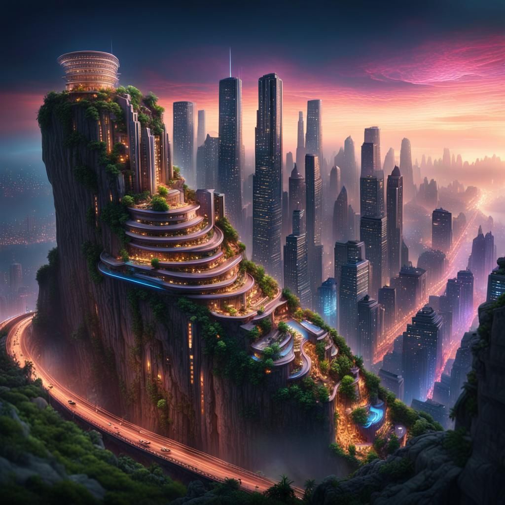 Spectacular Cityscape on Curved Cliff in Hyper-Realistic Sty...