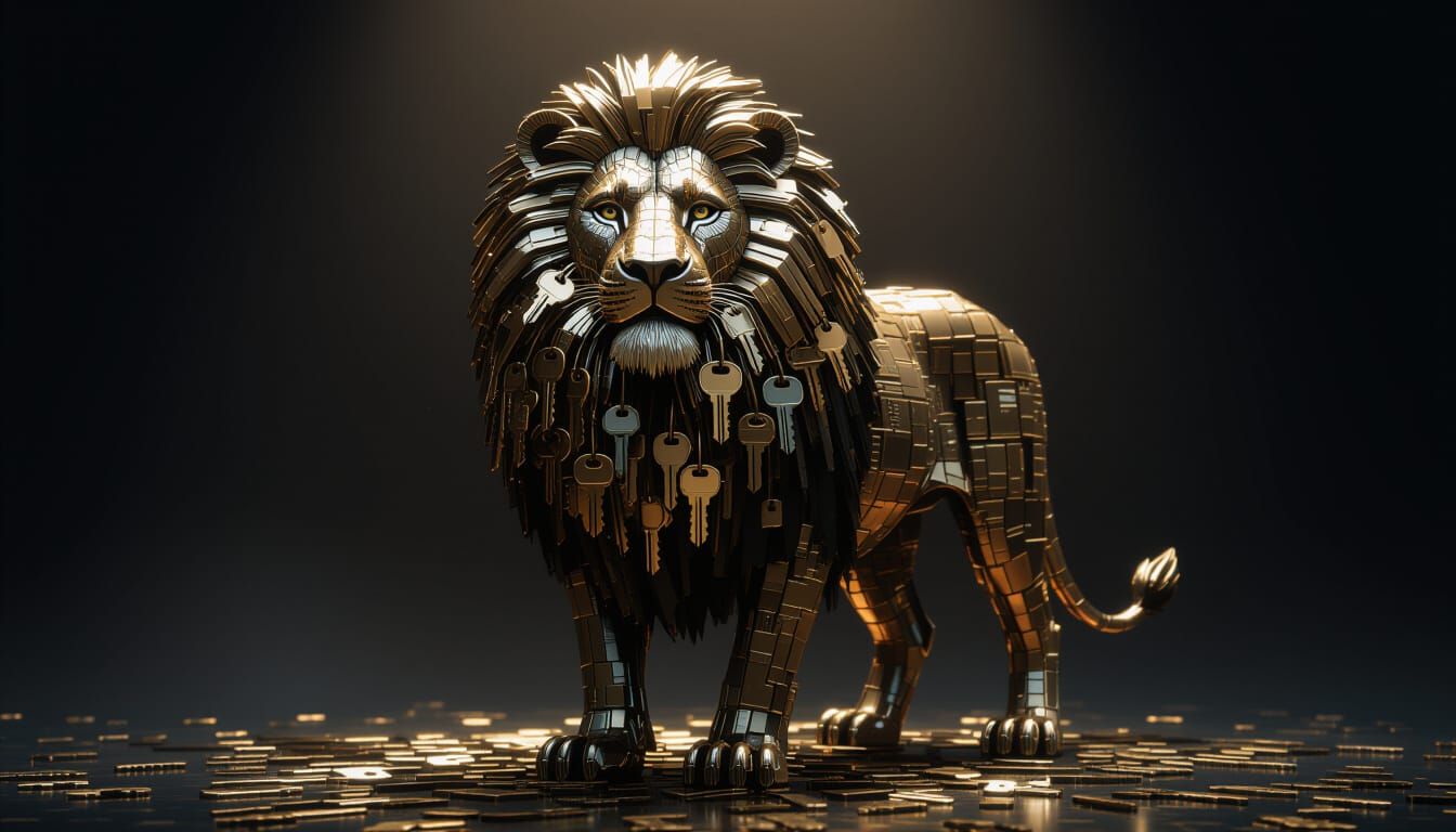 Majestic Key Lion: Metallic Surreal Fantasy