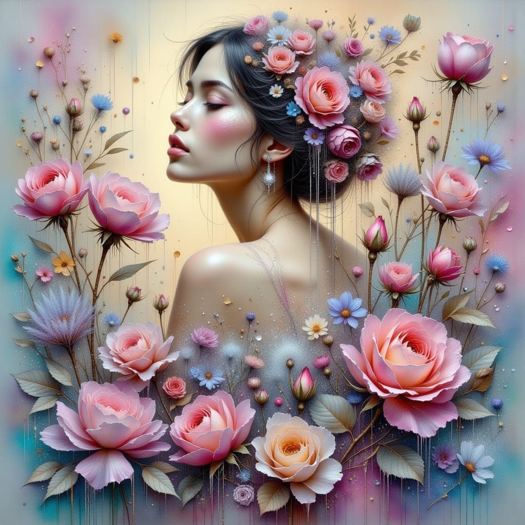 Woman Enveloped in Sparkling Roses, in Digital Painting Styl...