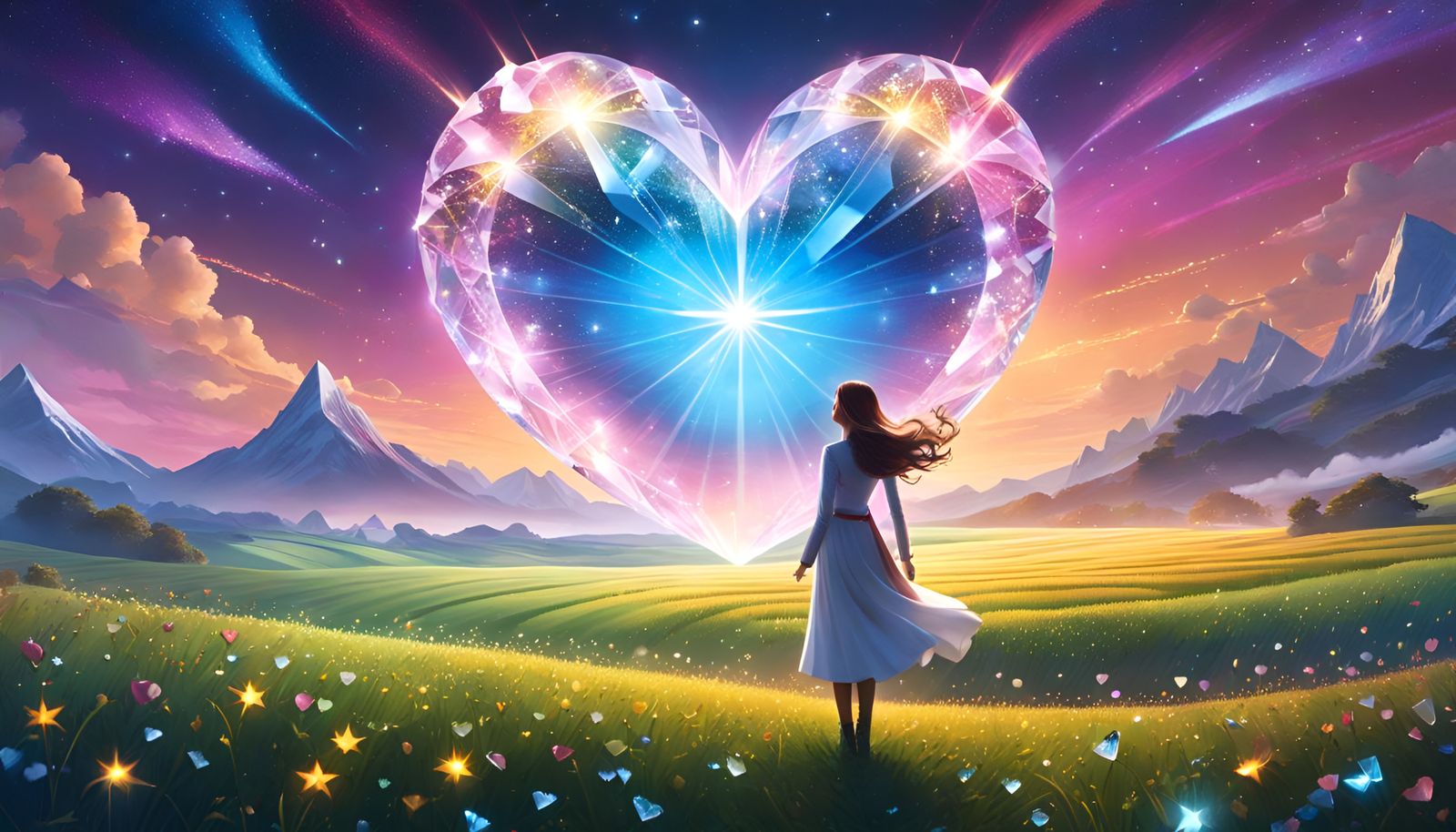 Woman Gazing at Crystal Heart in Starry Field