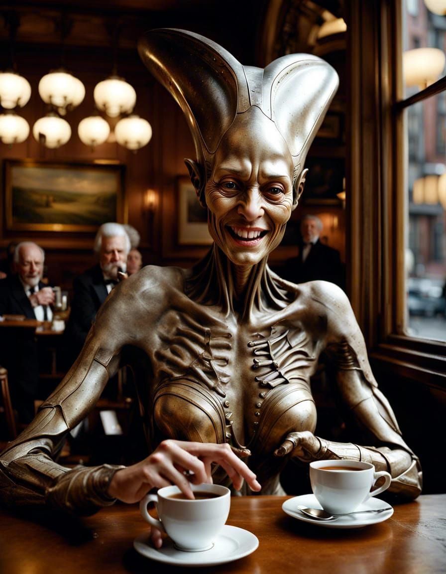 Alien Woman in Cafe: Hyperrealistic Portrait