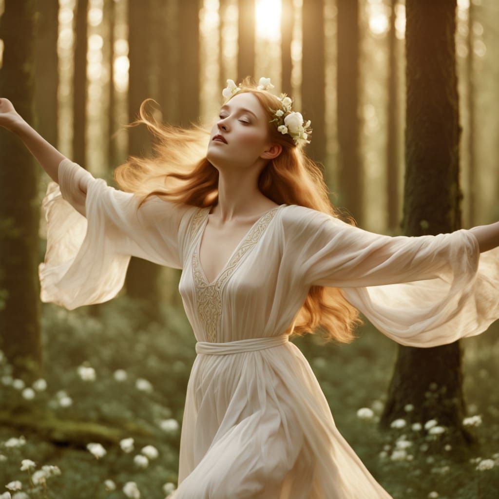 Nordic Woman Dancing in Forest Clearing: Symbolist Art
