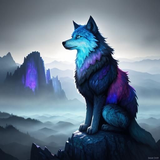 Rainbow Crystal Wolf in Misty Mountains