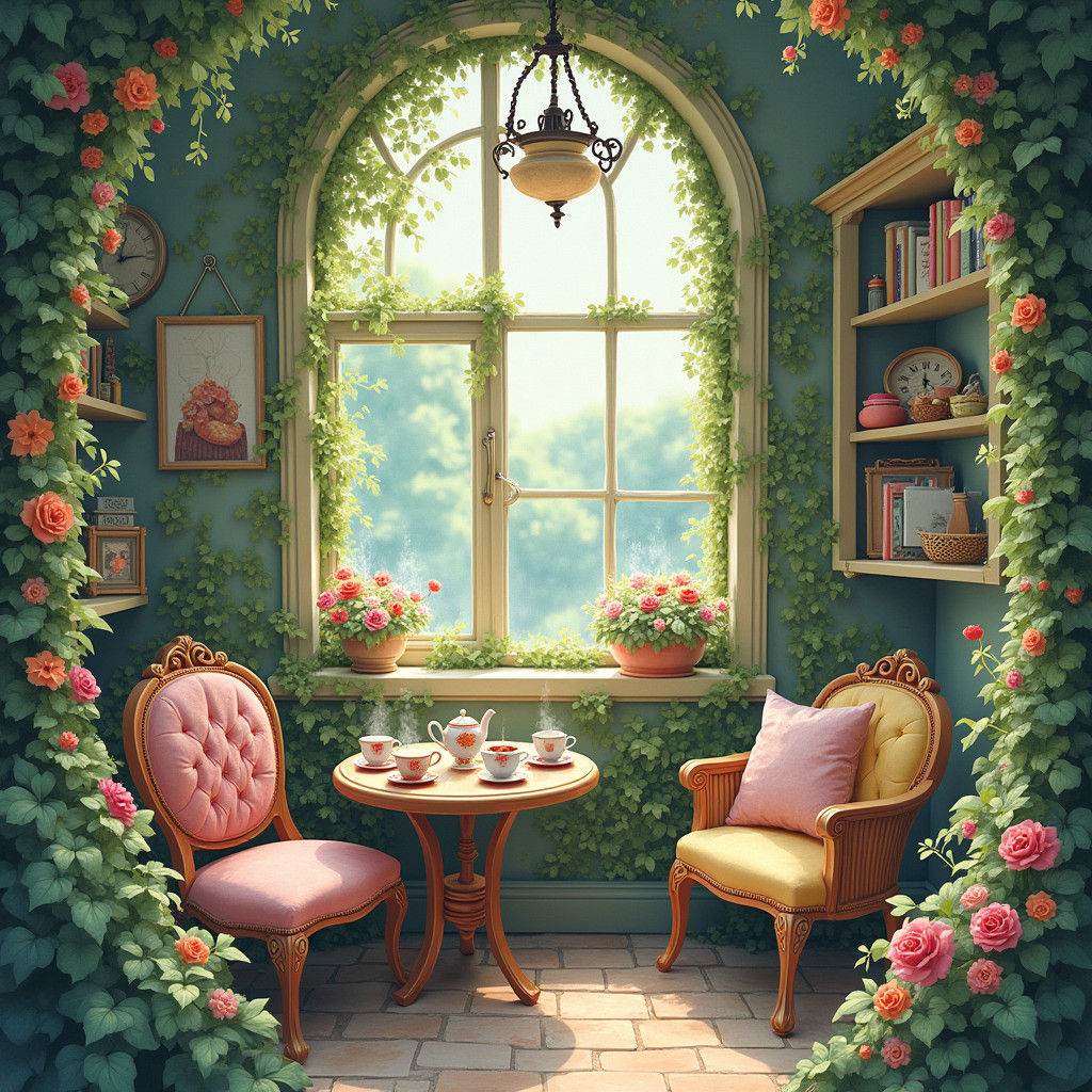 Dreamy Garden Café in Watercolour Style