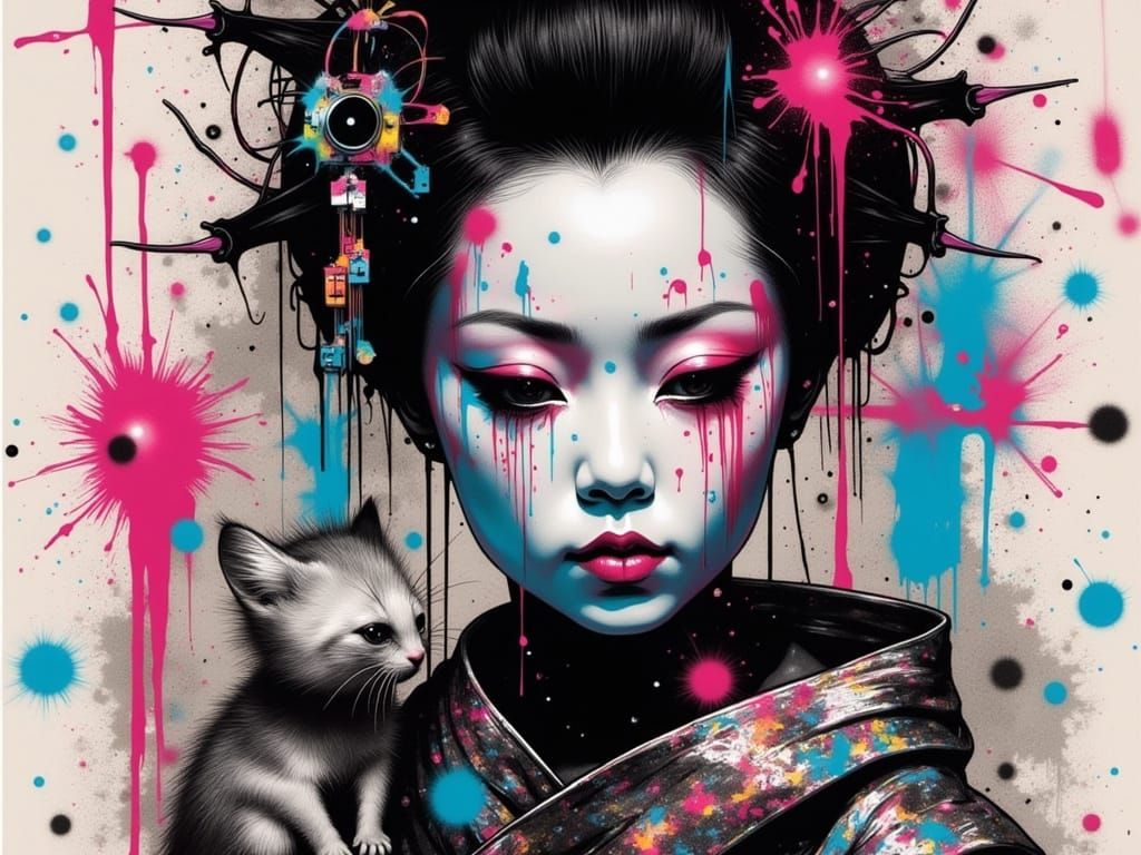 Cyberpunk Graffiti Art of a Maiko and Her Cat