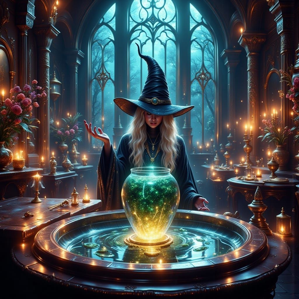 Witches Brewing Magical Potions in a Dreamlike Lab