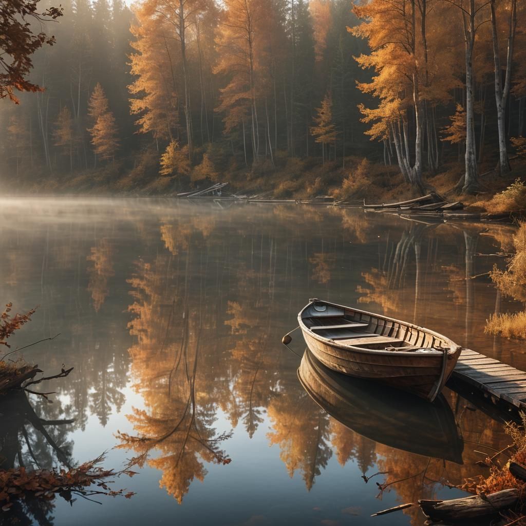 Autumn Forest Boat Moored on Crystal Lake