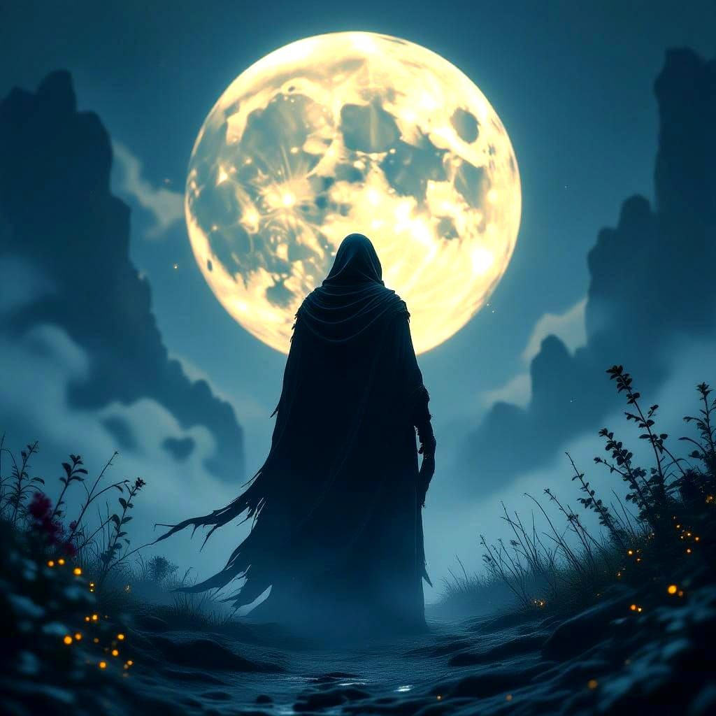 Lone Figure Under Giant Moon in Dark Fantasy Style