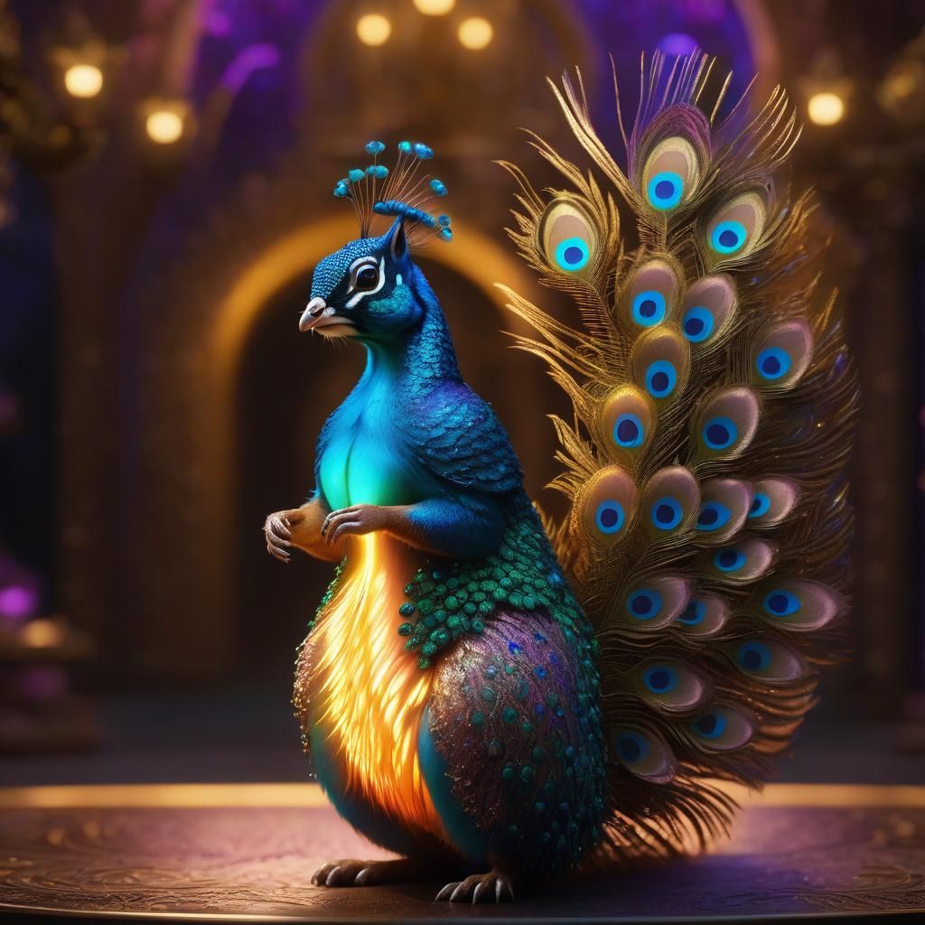 Luminescent Peacock-Squirrel Hybrid in 3D Digital Art