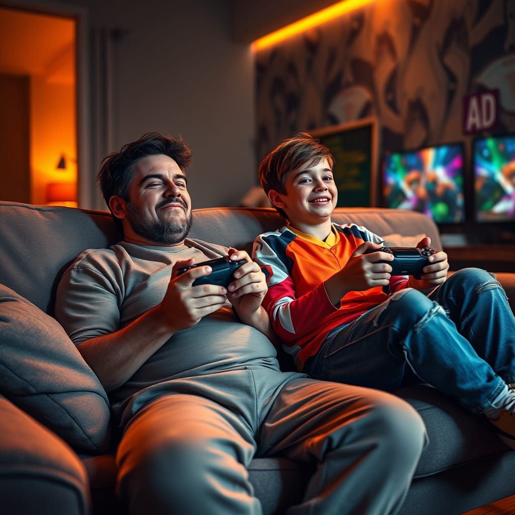 Intimate Gaming Moment: Father and Son Bond on a Plush Sofa