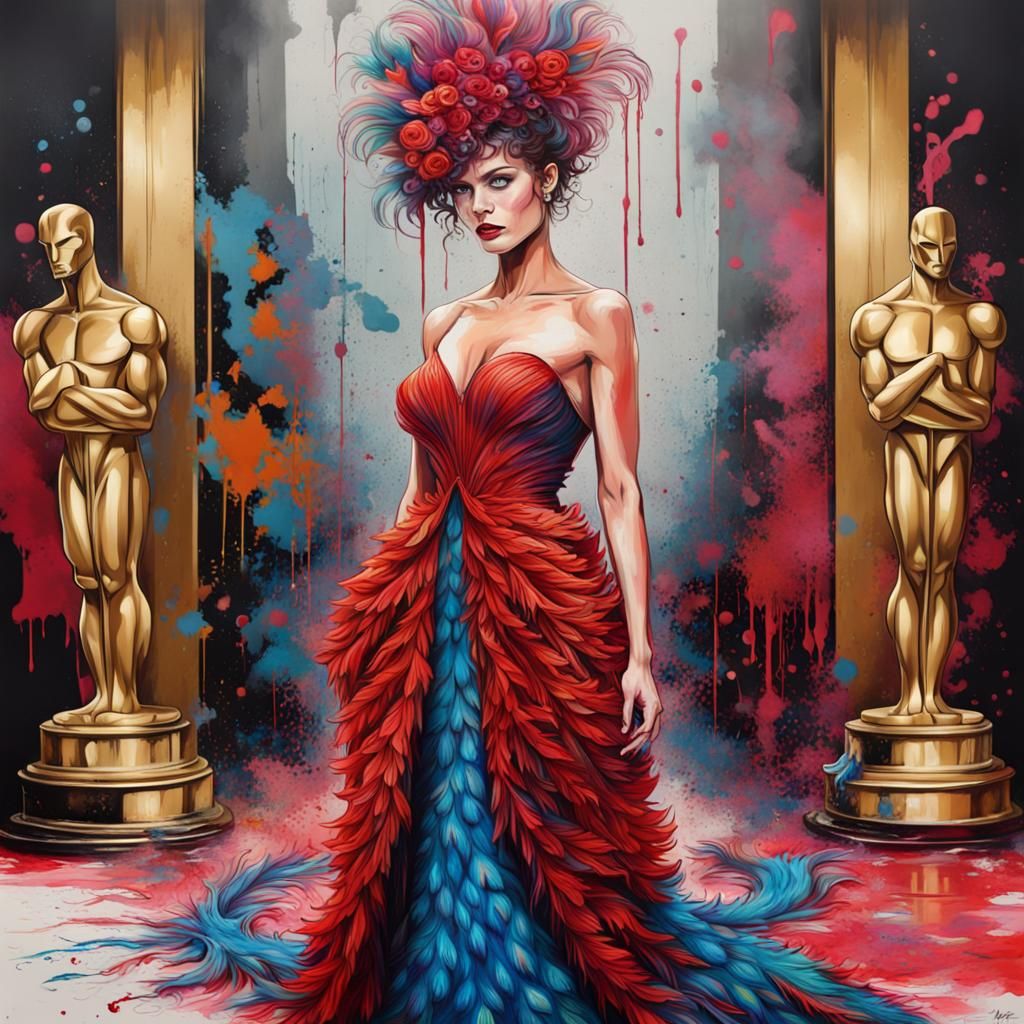 Peacock Dress on Red Carpet in Graffiti Style