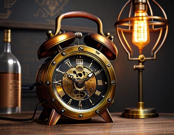 Steampunk Alarm Clock with Brass Gears and Leather Straps