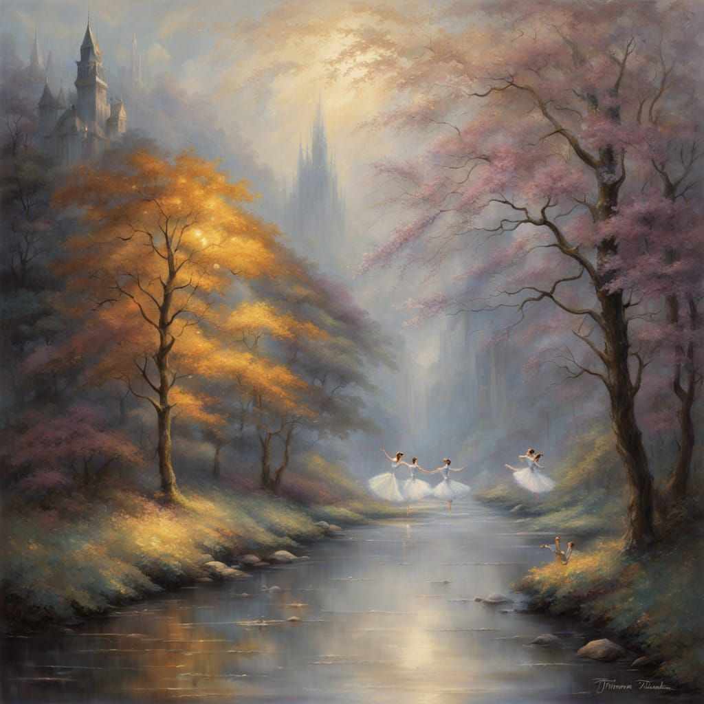 Ethereal Ballerinas Dancing in Iridescent Mist