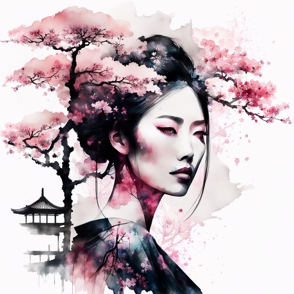 Sakura Silhouette: Double Exposure Watercolor Portrait