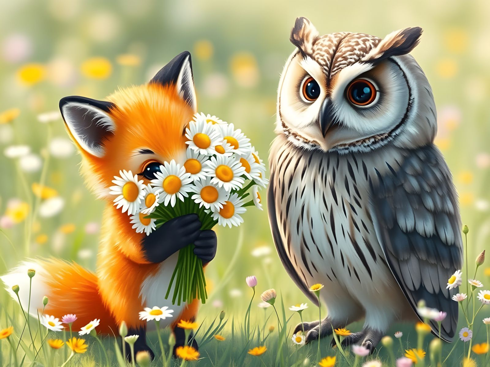 Fox Cub Offers Bouquet to Owl in Watercolor Style