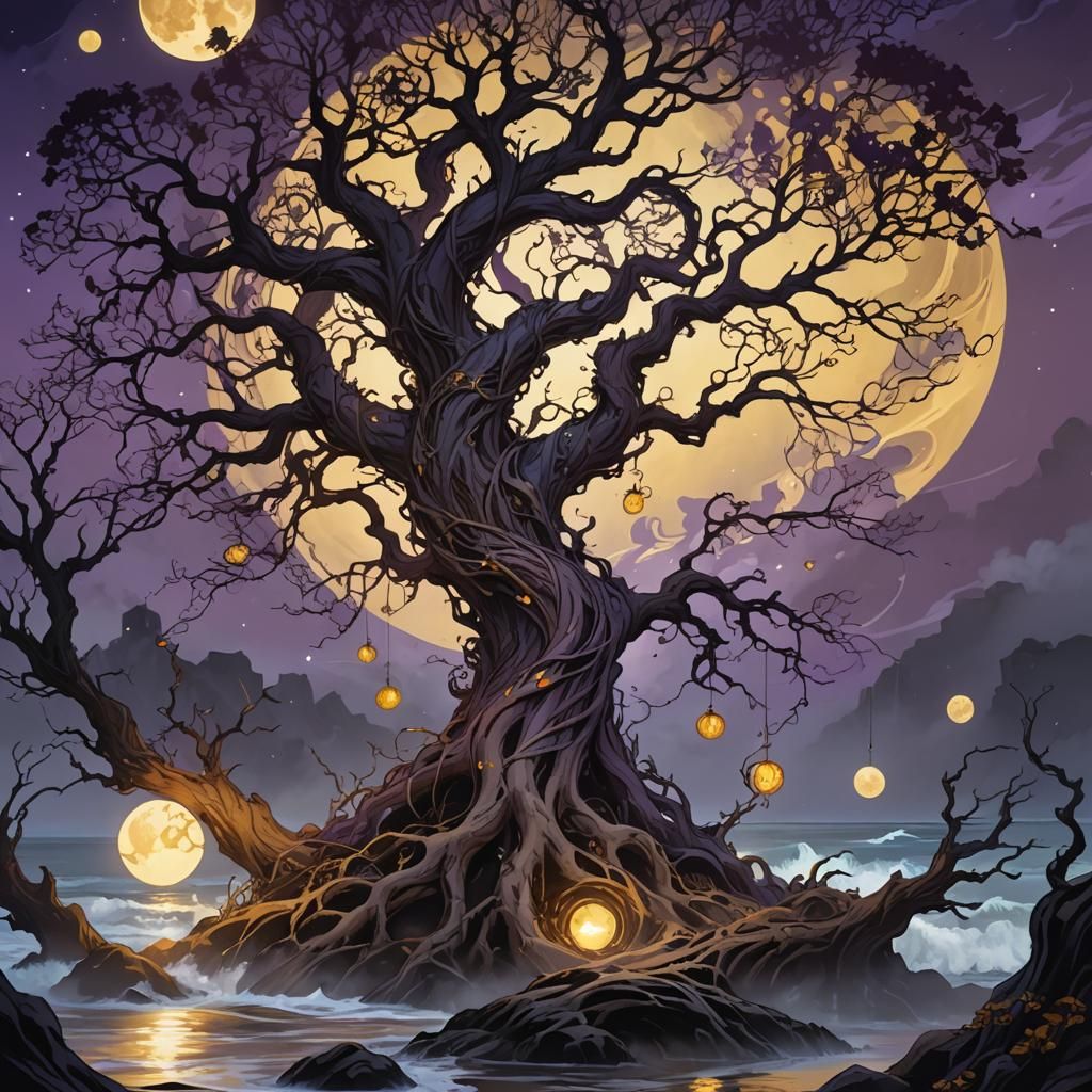 Mystical Seashore Ritual Under Harvest Moon