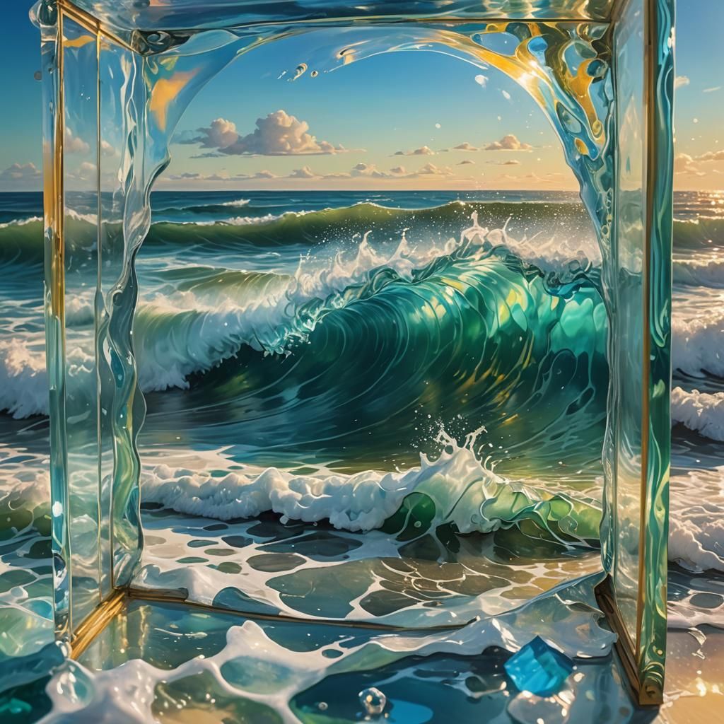 Frozen Wave in Glass Box: Triadic Oil Painting