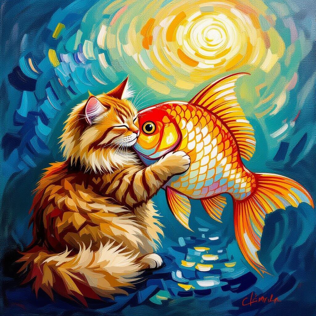 Fluffy Cat Hugs Giant Fish Elemental Van Gogh Style
