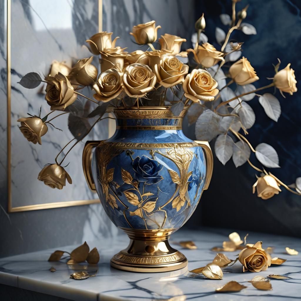 Golden Vase with Withered Roses in Art Deco Style