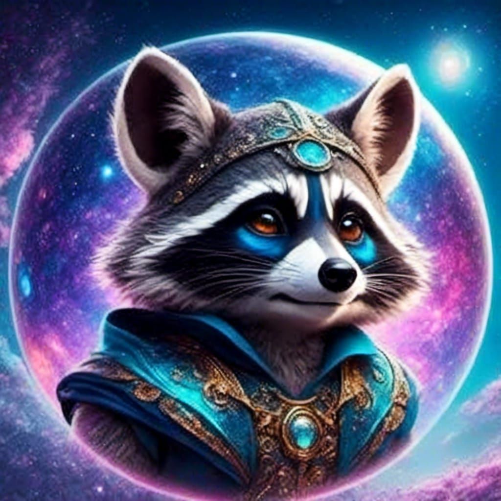 Colorful Raccoon in a Neon Galaxy, 3D Render
