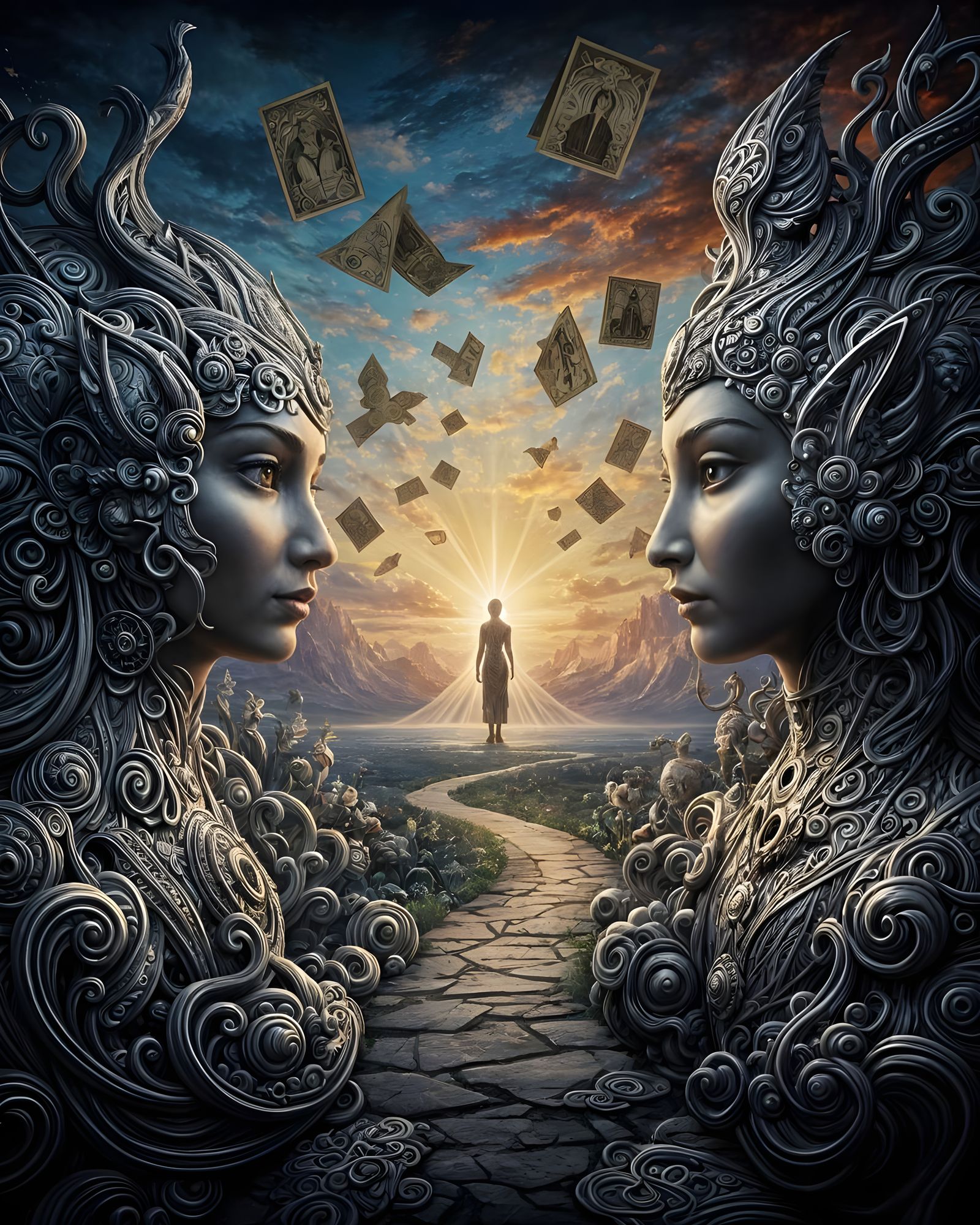 Surreal Folkloric Fantasy Path with Glowing Horizon