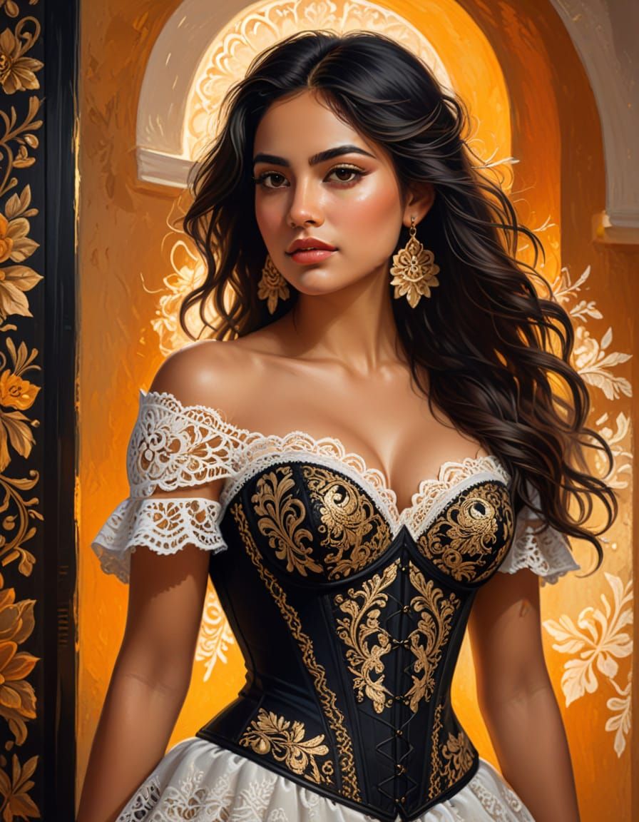 Mexican Woman in Lace Corset: Vibrant Oil Painting
