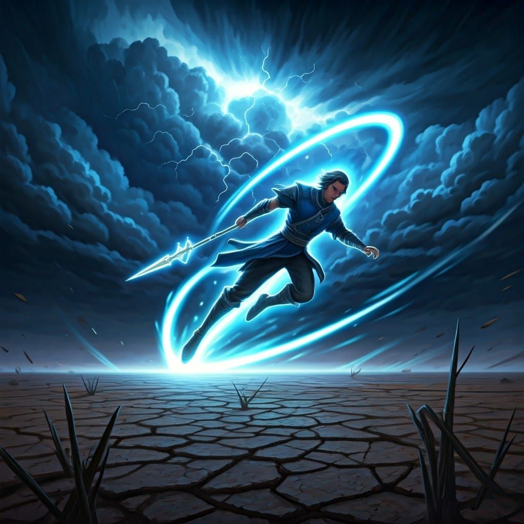 Flying Man with Spear in Epic Storm