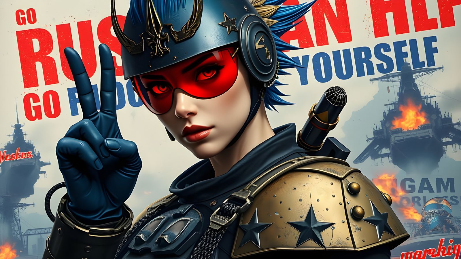 Dystopian Rebel Girl in Azov Armor Throws Defiant Gesture