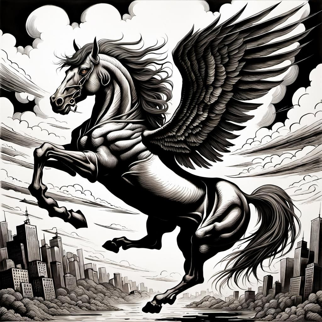 Black Pegasus Soaring Through Mag Mell in Ink Style