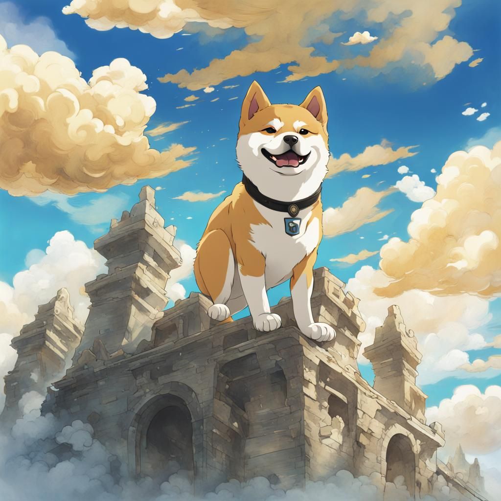 Shiba Inu in Helmet on Cloud, Anime Style