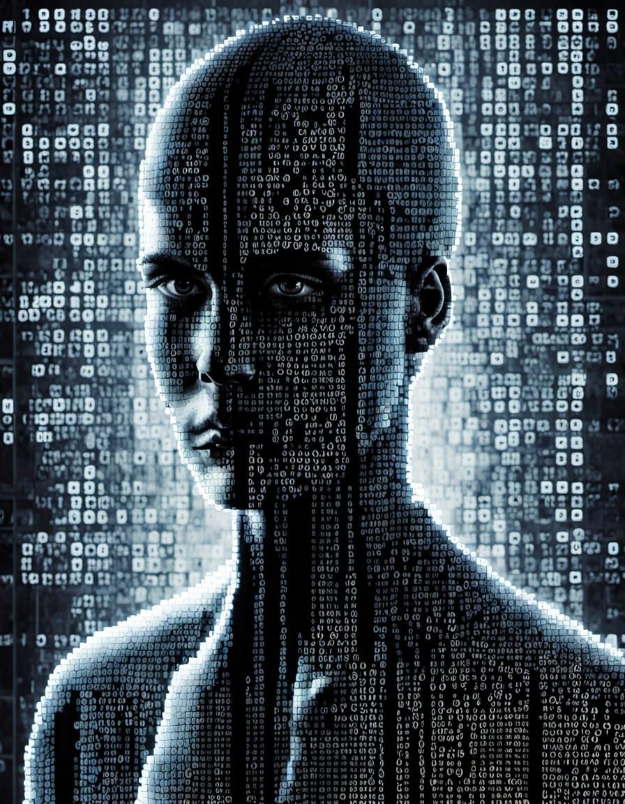 Neon Binary Code Landscape in a Dystopian Aesthetic