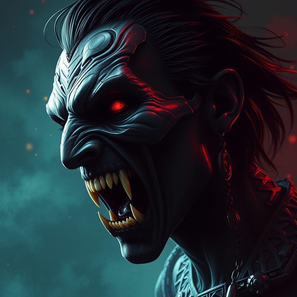 Dark Sci-Fi Vampire with Fangs in Futuristic Setting