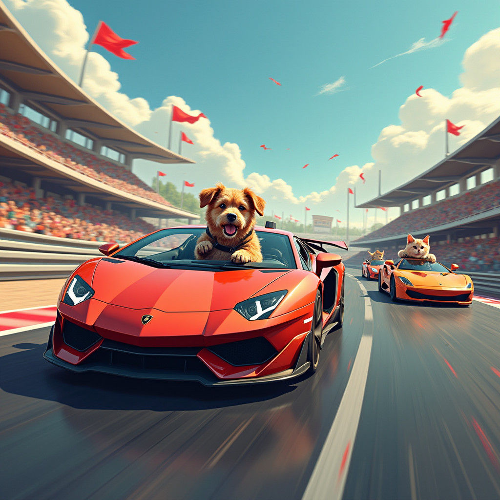 Dog Races Cats in Lamborghini, Fantasy Concept Art