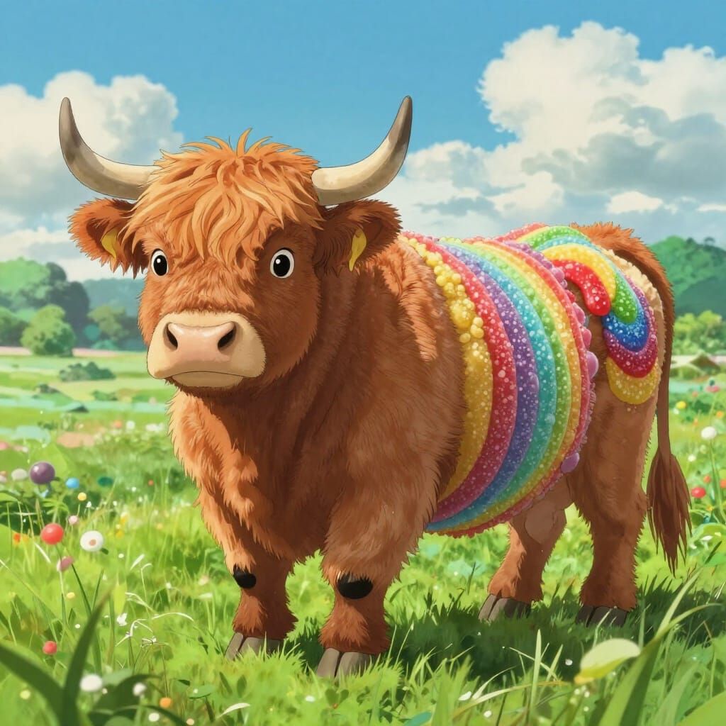Rainbow Candy Highland Cow in Lush Field