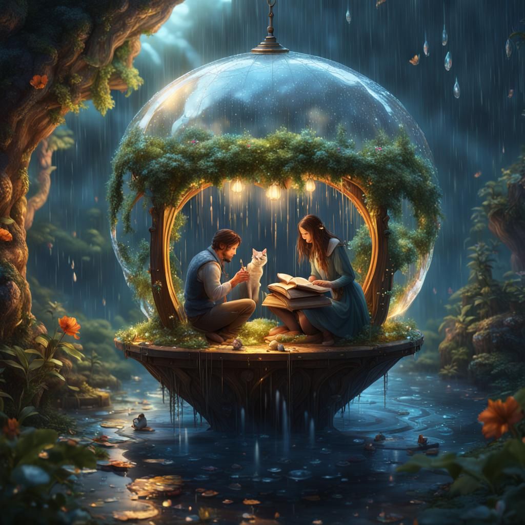 Fairy Library Inside Raindrop: Fantasy Concept Art