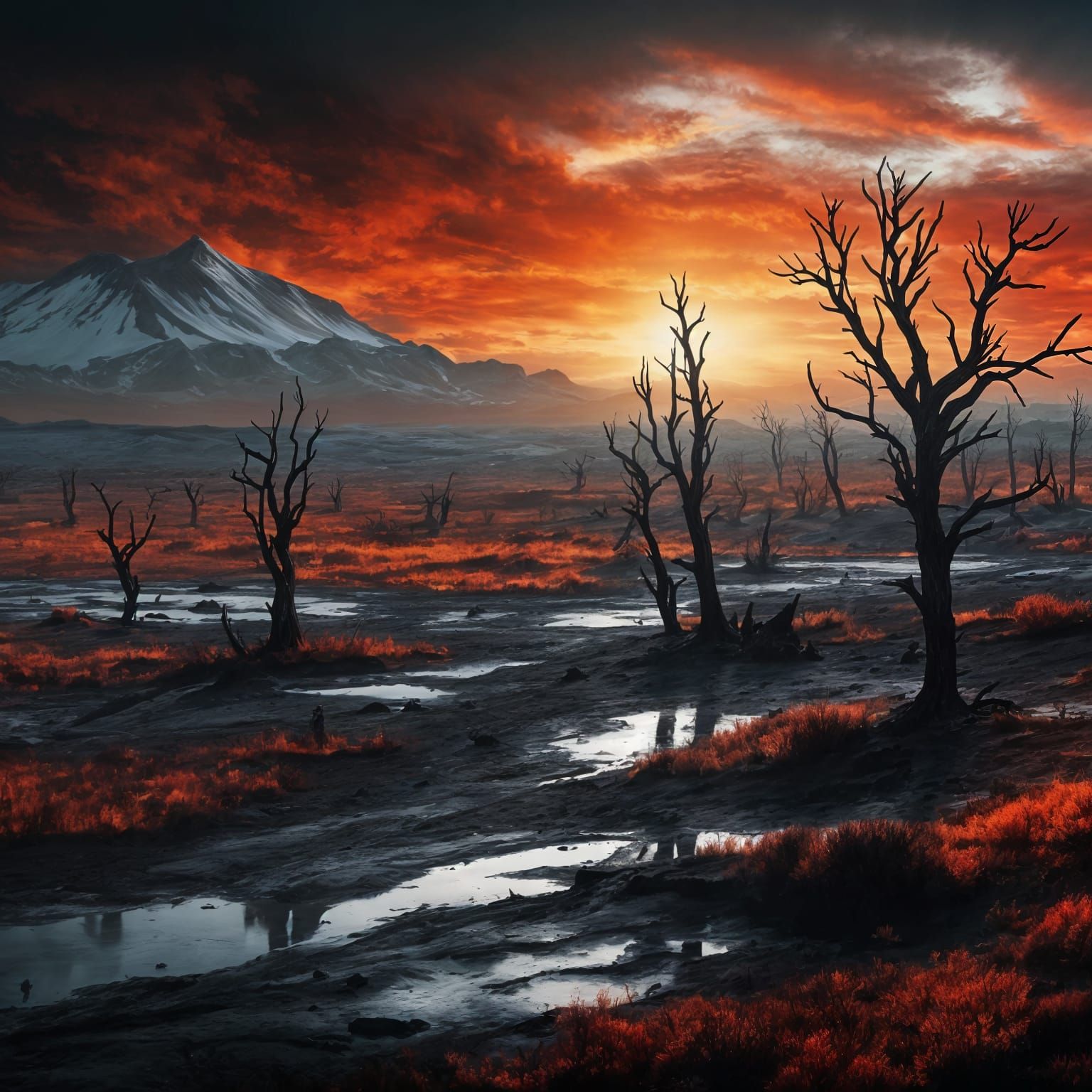 Desolate Tundra: Skeletal Trees Against Fiery Sunset