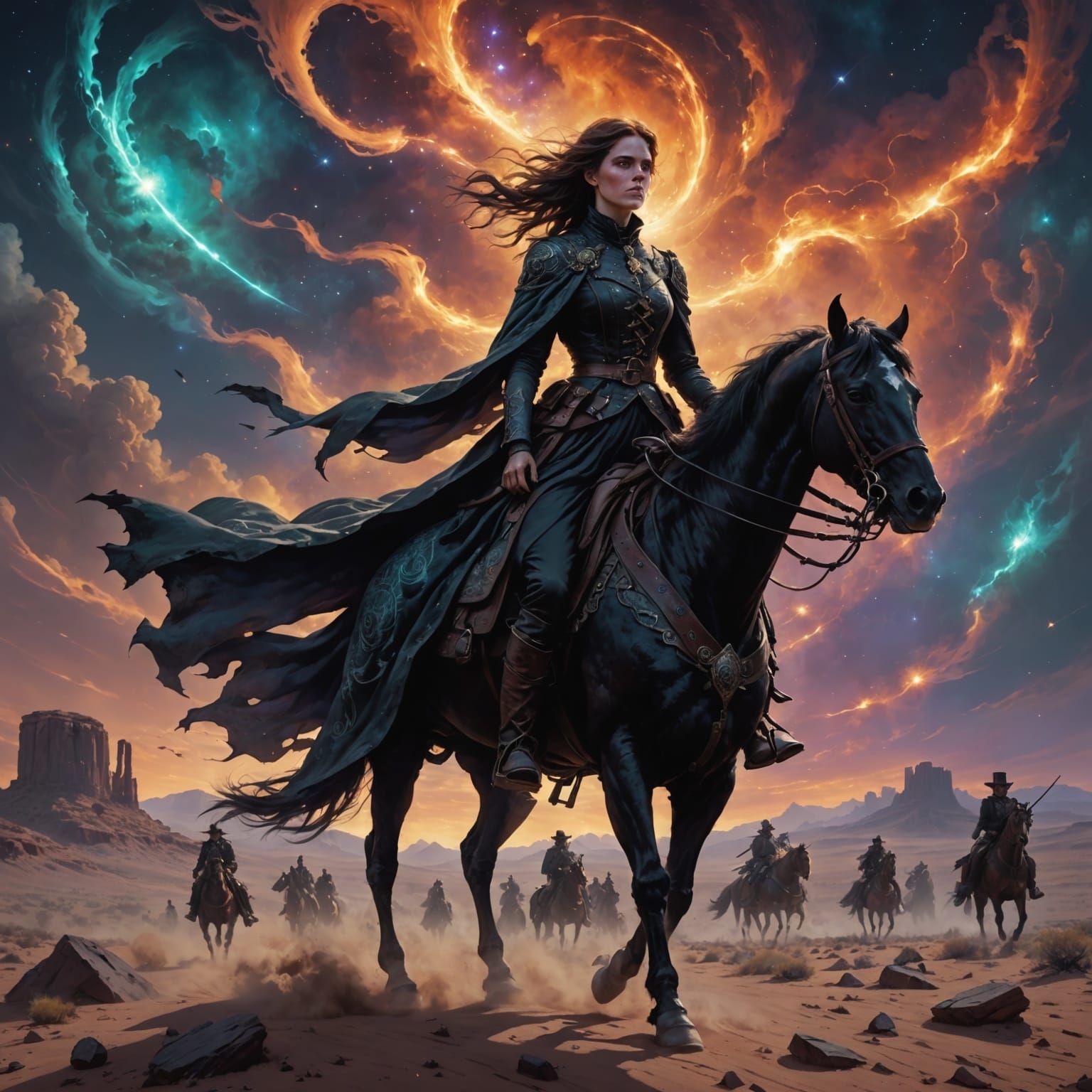 Spectral Victorian Woman on Mesa Under Nebula Sky