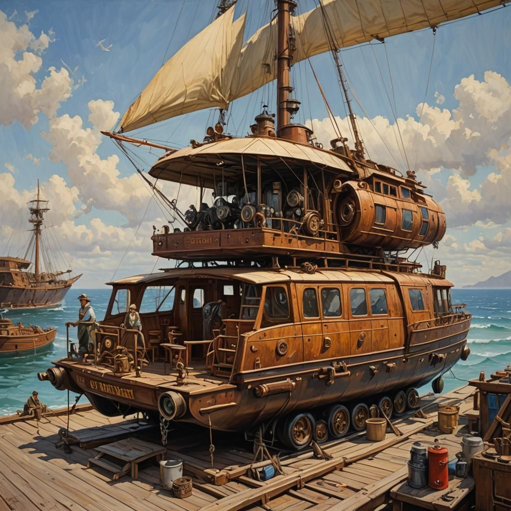 Steampunk Catamaran Oil Painting with Roof Tent