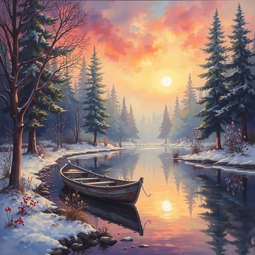 Weathered Rowboats in Frosty Winter Night