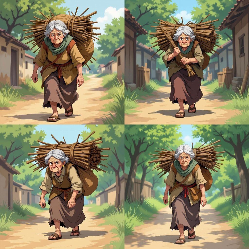 Old Woman Carrying Sticks in Shounen Anime Style