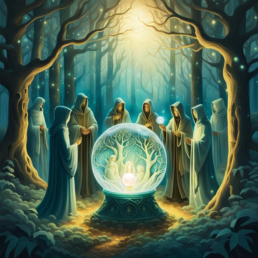 Mystical Forest Gathering with Glowing Orb