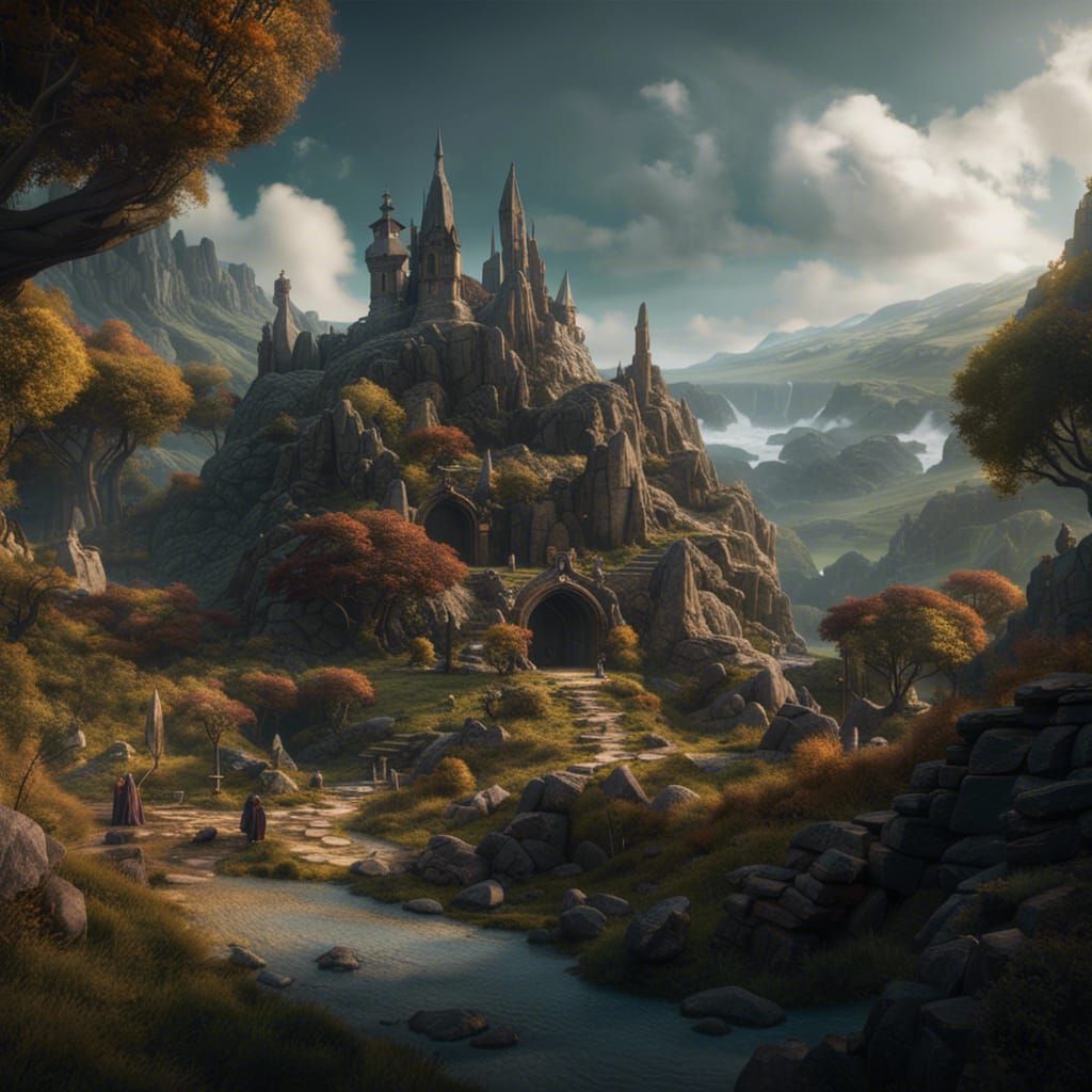 Hobbits Journeying Through Middle-earth Landscape