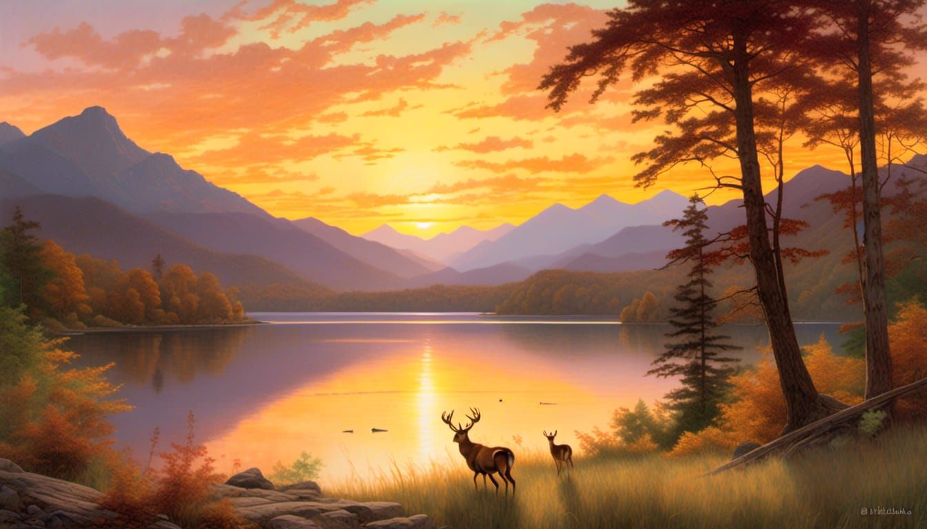 Hudson Valley Sunrise Oil Painting in Bierstadt Style