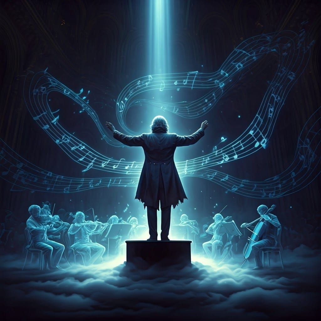 Ghostly Conductor Leads Ethereal Orchestra in Cosmic Music