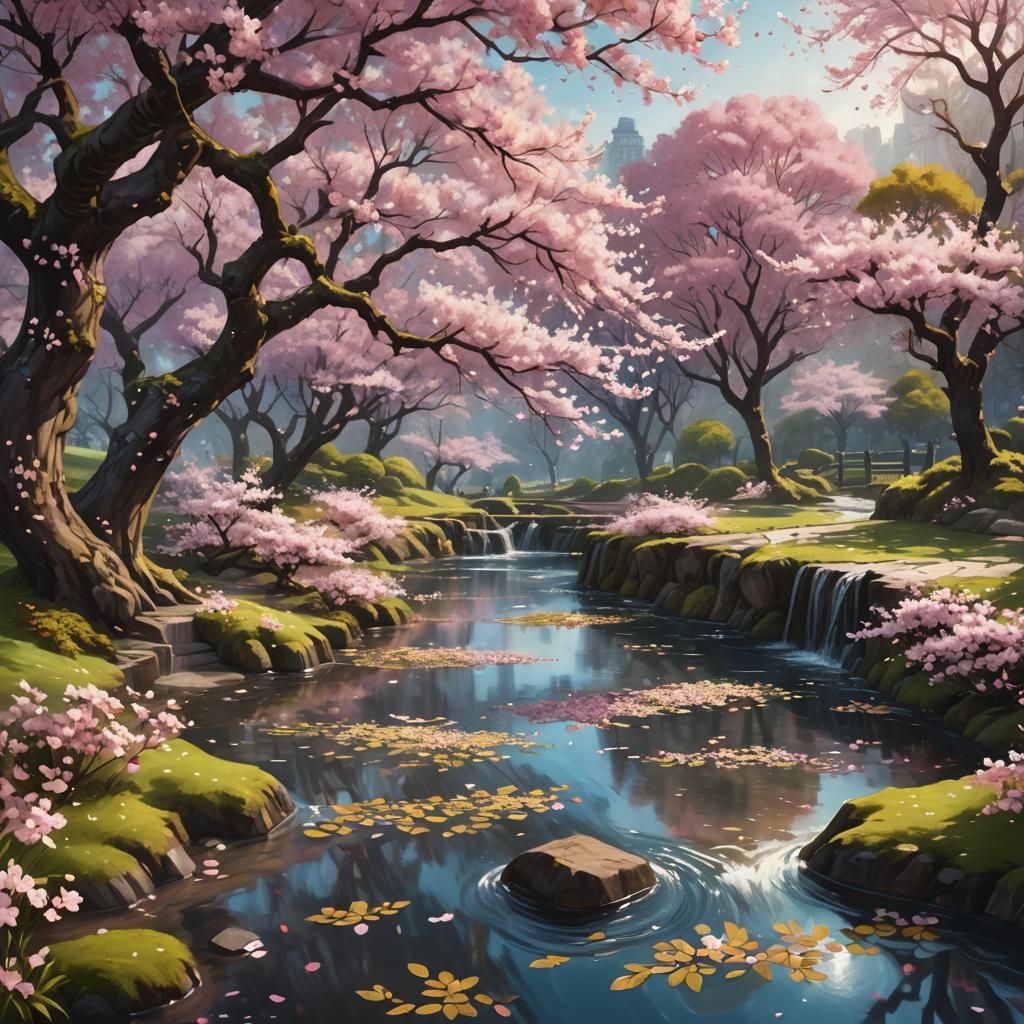 Cherry Blossom Park in Full Bloom: Oil Painting