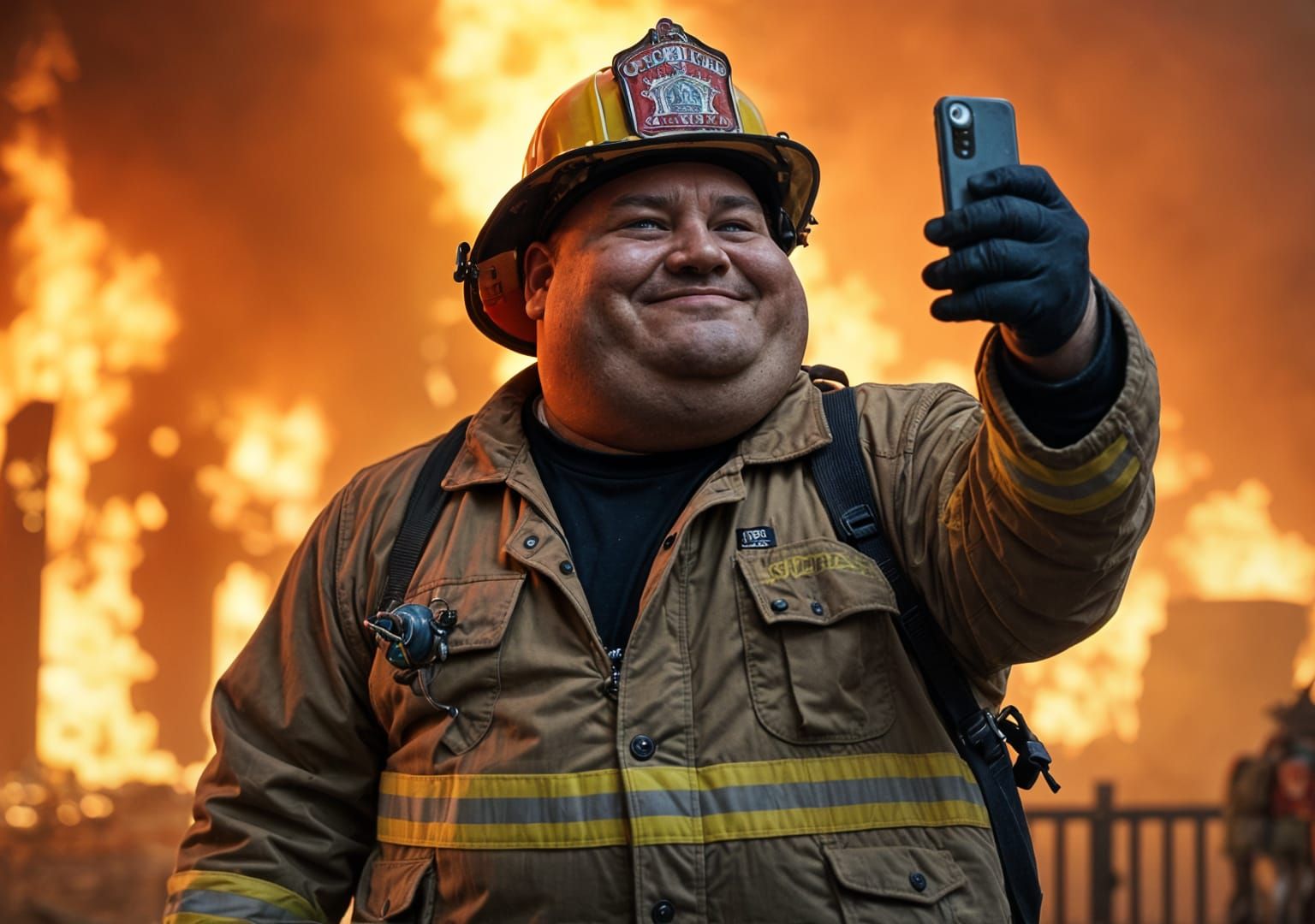 Humorous Fireman Selfie at Burning Building