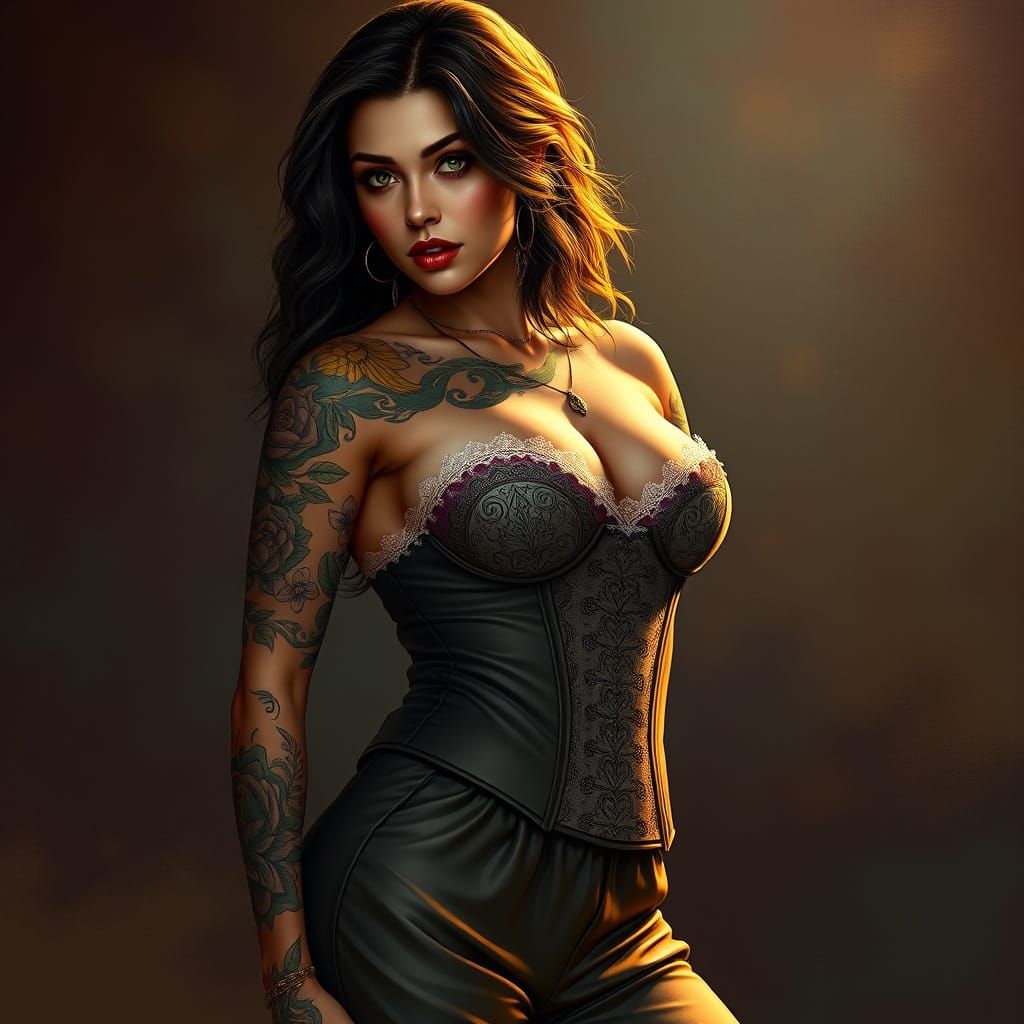 Sensual Woman with Intricate Tattoos in Hyperrealistic Art S...