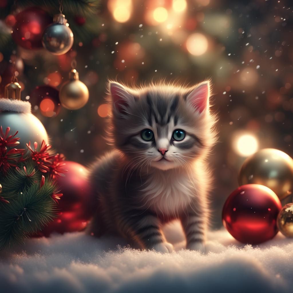 Cute Christmas Kitten in Digital Matte Painting