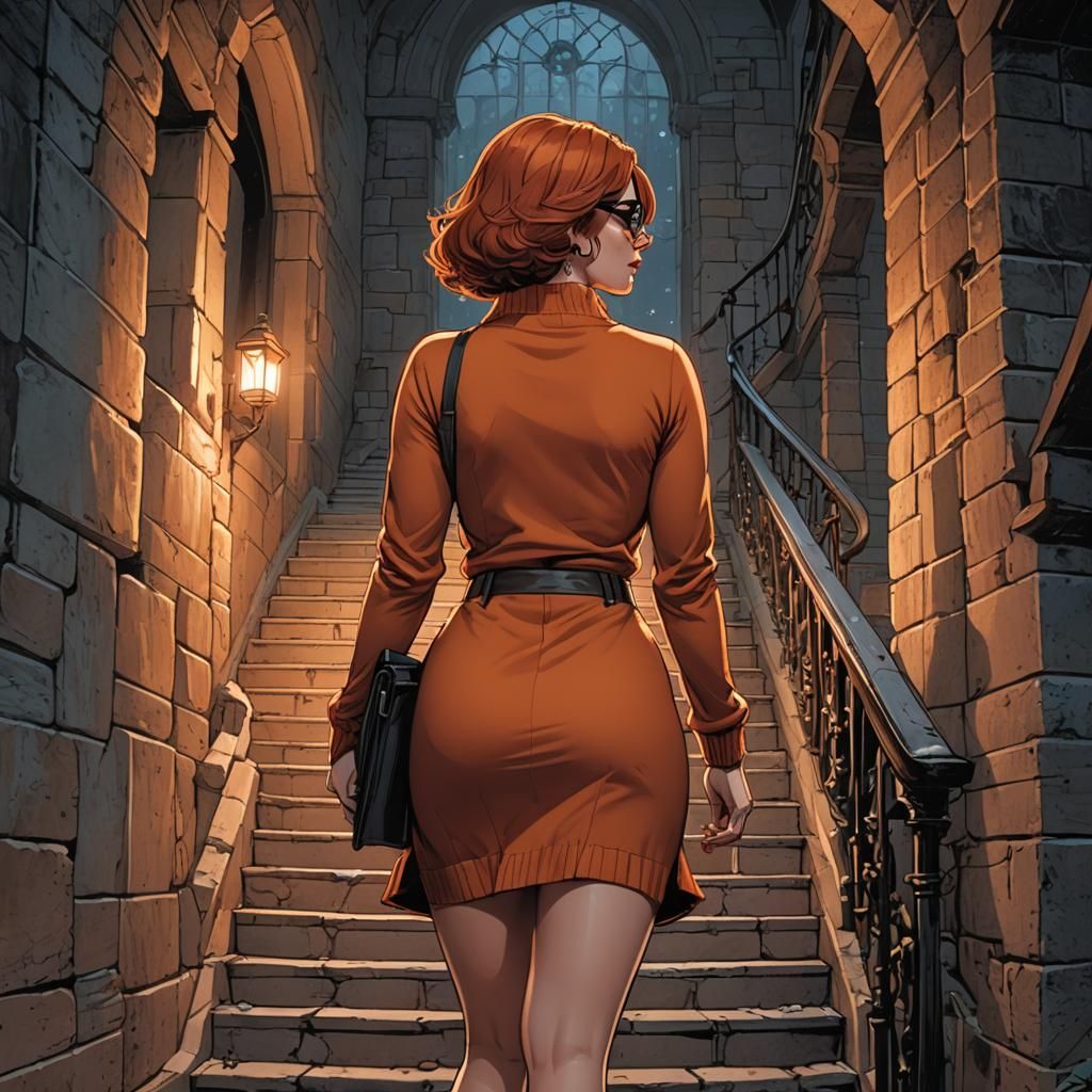 Curvy Woman Climbing Haunted Castle Staircase