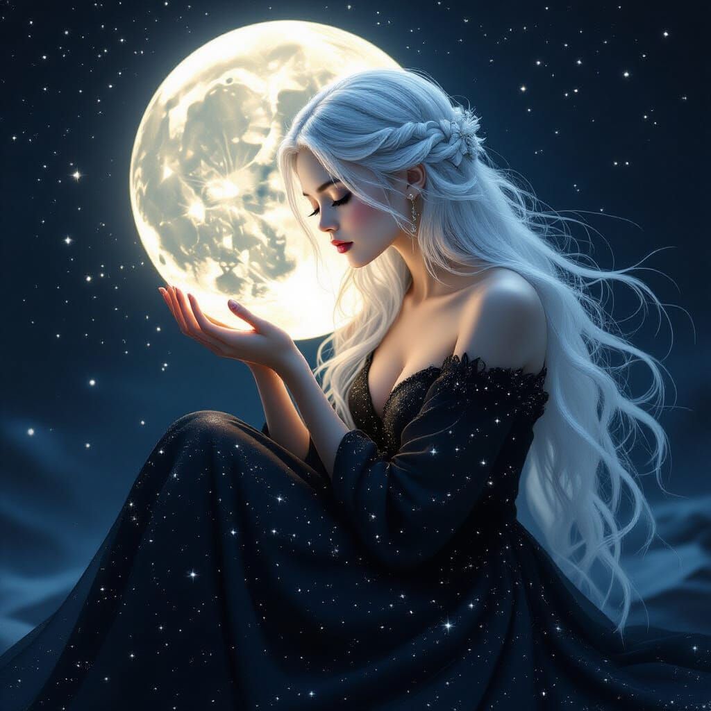 Ethereal Girl Cradling Moon in Digital Art Style